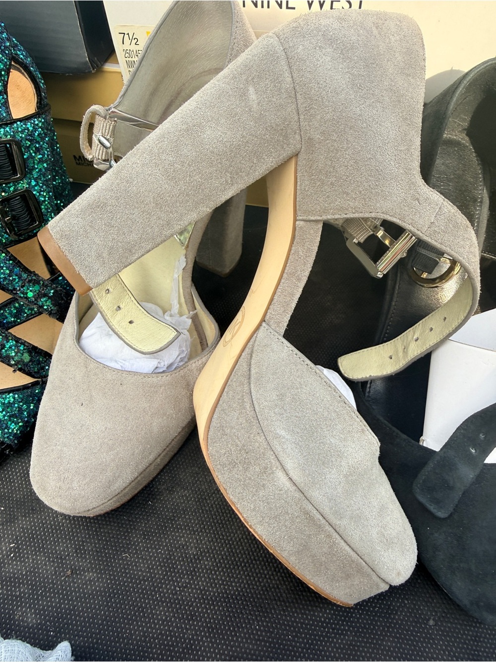 Michael Kors Light Gray Suede Platform Block Heel Sandals with Ankle Strap